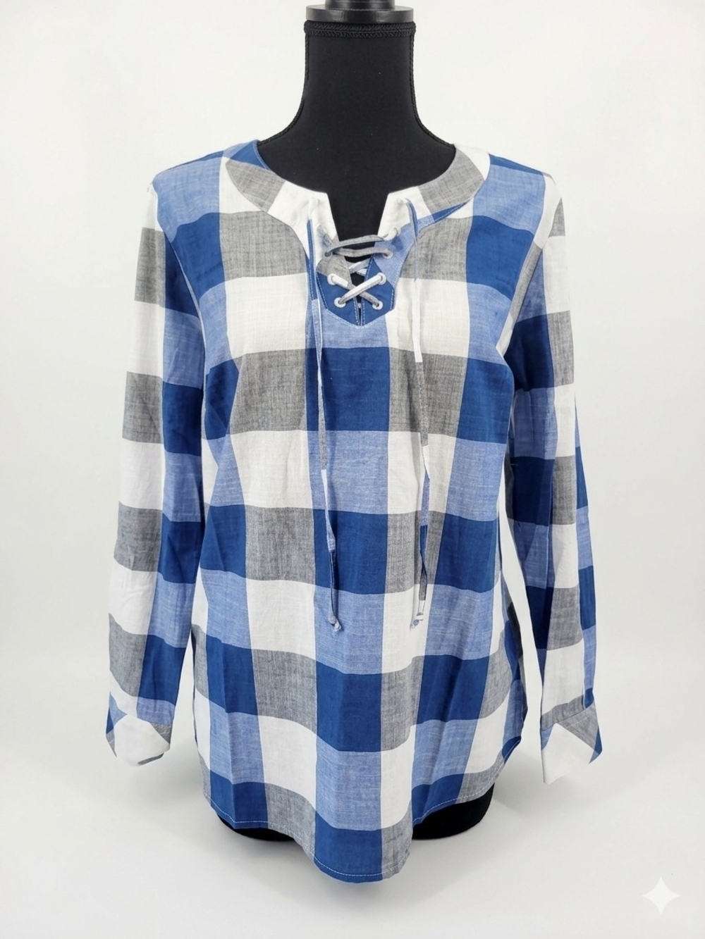 Style & Co. Blue and White Plaid Lace-Up Long Sleeve Top